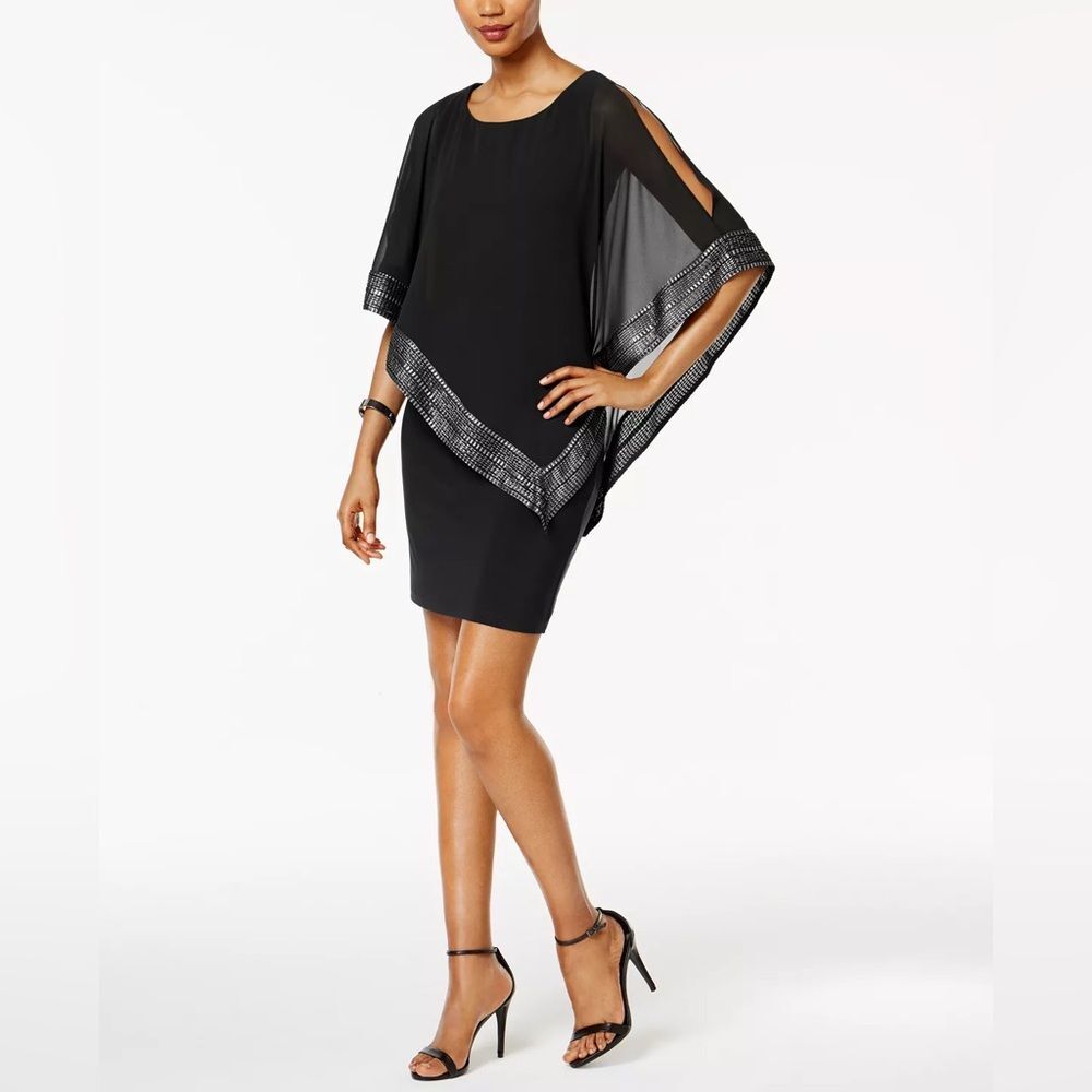 SLNY SL Fashions Metallic Trim Capelet Black Sheath Dress Size 6